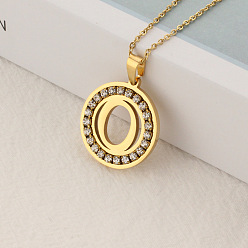 Letter O Crystal Rhinestone Initial Letter Pendant Necklace with Cable Chains, Stainless Steel Jewelry for Women, Golden, Letter.O, 15.75 inch(40cm)