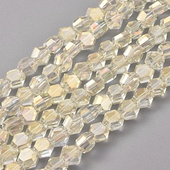 Light Khaki Electroplate Glass Beads Strands, Full Rainbow Plated, Faceted, Hexagon, Light Khaki, 6x7x4mm, Hole: 1.2mm, about 100pcs/strand, 20.87 inch(53cm)