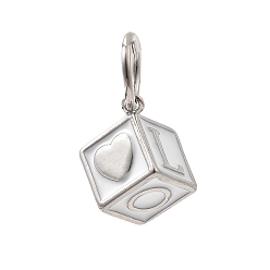 Белый Латунь эмаль подвески, куб с письмом, с прыжковых колец, стойки покрытие, долговечный, без кадмия и без свинца, платина, белые, 18x13x10 мм, отверстие : 7.6 мм