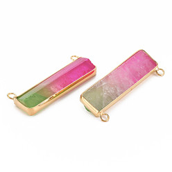 Deep Pink Natural Quartz Crystal Connector Charms, with Light Gold Plated Brass Loops, Dyed, Rectangle, Deep Pink, 16.5x43x6mm, Hole: 2mm