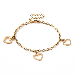 Golden 304 Stainless Steel Hollow Out Heart Charm Bracelet with Cable Chains for Women, Golden, 7-1/8 inch(18cm)