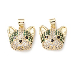 Green Brass Micro Pave Cubic Zirconia Pendants, Real 16K Gold Plated, Dog Charms, Green, 16x17x6.5mm, Hole: 5x3mm.