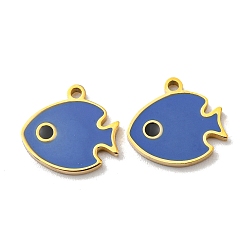 Royal Blue 304 Stainless Steel Charms, with Enamel, Fish Charms, Real 14K Gold Plated, Royal Blue, 10x11x1mm, Hole: 1mm