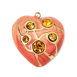 Orange 304 Stainless Steel & Enamel & Rhinestone Pendants, Heart Charms, Ion Plating(IP), Long-Lasting Plated, Real 18K Gold Plated, Light Topaz, Orange, 22.5x20.5x6.5mm, Hole: 1.5mm