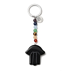 Obsidian Natural Black Obsidian Chakra Keychain, with Iron Split Key Rings and Flat Round Alloy Charms, Hamsa Hand, 11.5cm