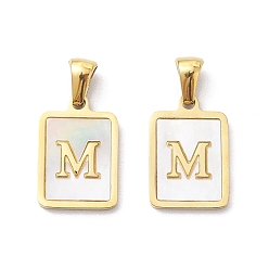 Letter M Ion Plating(IP) 304 Stainless Steel Pave Shell Pendants, Rectangle Charm, Real 18K Gold Plated, Letter M, 17.5x12x1.5mm, Hole: 3x5mm