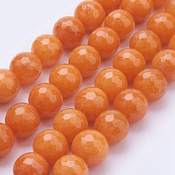 Coral Natural Malaysia Jade Bead Strands, Dyed, Faceted, Round, Coral, 10mm, Hole: 1mm, about 37pcs/strand, 14.5 inch(36.83cm)
