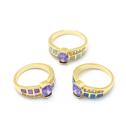 Golden Cubic Zirconia Finger Rings, with Synthetic Opal and Brass Findings, Long-Lasting Plated, Oval, Size 7, Mauve, Golden, 17.5mm