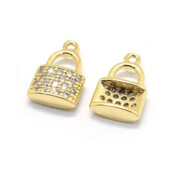 Real 18K Gold Plated Brass Micro Pave Cubic Zirconia Charms, Padlock, Clear, Real 18K Gold Plated, 13x8x3mm, Hole: 1mm