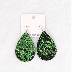 Green snake skin pattern Leather Double-sided Embossed Drop-shaped Earrings for Fashionable and Personalized Look