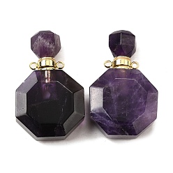 Аметист Кулоны для духов из натурального аметиста, с 304 фурнитурой из нержавеющей стали, граненые, восьмиугольные прелести, золотые, 39~40x24~25x11~12 мм, отверстие : 1.8 мм
