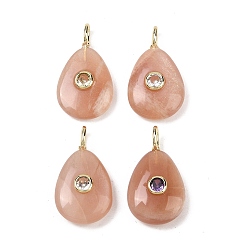 Солнечный Камень Подвески из натурального солнечного камня, подвески в форме слезы с латунной микропаве с кубическими цирконами разных цветов, золотые, 26x15x5.5~7 мм, отверстие : 2 мм