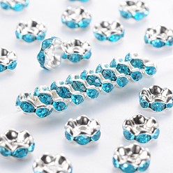 Cyan Brass Rhinestone Spacer Beads, Grade A, Blue Rhinestone, Silver Color Plated, Nickel Free, about 8mm in diameter, 3.8mm thick, hole: 1.5mm