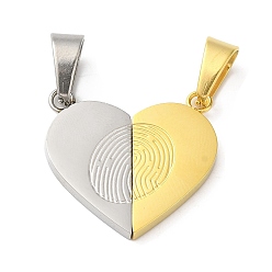 Golden & Stainless Steel Color Vacuum Plating 304 Stainless Steel Split Pendants, Couple Pendants, Heart with Fingerprint Charm, Golden & Stainless Steel Color, 23x24.5x2mm, Hole: 9x5.5mm
