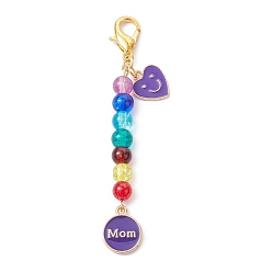 Medium Purple Mother's Day Flat Round with Word Mom & Heart Alloy Enamel Pendant Decorations, Glass Beads and Lobster Claw Clasps Charm, Medium Purple, 76mm