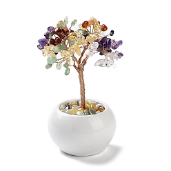 Mixed Stone Natural Mixed Gemstone Chips Tree Decorations, Ceramic Bowl Base Copper Wire Feng Shui Energy Stone Gift for Home Desktop Decoration, 65~68x130~135mm