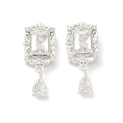 Прозрачный Латунные микро проложить кубического циркония бусы, прямоугольник и слеза, серебряные, прозрачные, 23x10x6 мм, отверстие : 1.5 мм