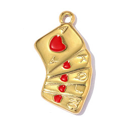 Настоящее золото 18K 304 нержавеющей стальной эмали подвески, очарование игры в покер, ионное покрытие (ip), красные, реальный 18 k позолоченный, 25x13 мм, отверстие : 2 мм