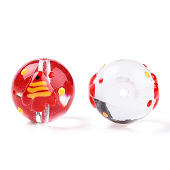 Red Transparent Handmade Lampwork Beads, Round with Fish Pattern, Red, 12.5x11.5mm, Hole: 1.6mm