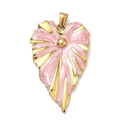 Pink 304 подвески из нержавеющей стали, с эмалью, лист прелести, ионное покрытие (ip), реальный 18 k позолоченный, розовые, 45.5x28x3.5 мм, отверстие : 3x6 мм