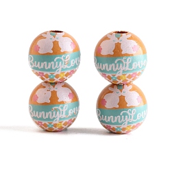 Rabbit Easter Theme Printed Wooden Round Beads, Rabbit, 16mm
