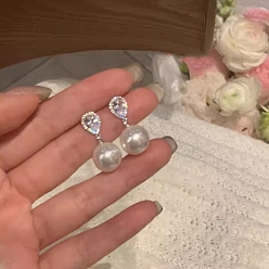 Platinum Teardrop Alloy Rhinestone Stud Earrings, Plastic Beads Earrings with 925 Sterling Silver Pins, Platinum, 50x50mm
