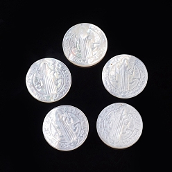 White Shell Natural White Shell Cabochons, Religion, Flat Round with Saint Benedict, 11.5x2mm