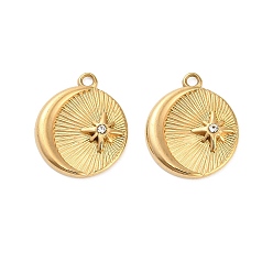 Real 18K Gold Plated 304 Stainless Steel Crystal Rhinestone Pendant, Ion Plating(IP), Star Moon Charms, Real 18K Gold Plated, 21.5x18x3mm, Hole: 1.8mm