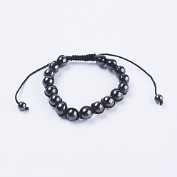 Hematite Adjustable Nylon Cord Braided Bead Bracelets, with Magnetic Synthetic Hematite Round Beads, 2 inch(50mm)
