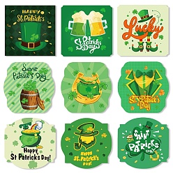 Green 9 Sheets Saint Patrick's Day Theme Paper Self Adhesive Clover Label Stickers, for Party Bottle Decoration, Square, Green, 100x100mm