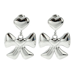 Stainless Steel Color 304 Stainless Steel Dangle Stud Earrings, Bowknot with Heart, Stainless Steel Color, 32x24mm