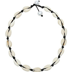Black Natural Shell Braided Bead Necklaces, with Waxed Cords, Black, 17.72 inch(45cm)