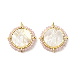 Бледно-Розовый Покрытие стойки латунь микро паве кубический цирконий и подвески в виде ракушек, долговечный, без кадмия и без свинца, реальный 18 k позолоченный, Плоские круглые подвески с узором Девы Марии, розовый жемчуг, 24.5x22.5x3.6 мм, отверстие : 2.6x3 мм