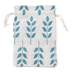 Leaf Linenette Drawstring Bags, Rectangle, Leaf Pattern, 18x13cm