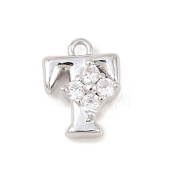 Letter T Латунные микропаве прозрачные кубические циркониевые подвески, долговечный, стойки покрытие, платина, без кадмия и без свинца, Письмо T, 10.5x8x3.5 мм, отверстие : 1.2 мм