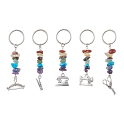 Mixed Shapes Tibetan Style Zinc Alloy Keychains, with Synthetic & Natural Mixed Gemstone and Iron Split Key Rings, Mixed Shapes, 7.2~8.7cm, Pendants: 52~66x4~24x2~5mm