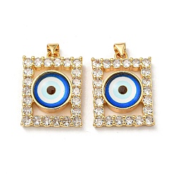 Blue Real 18K Gold Plated Brass Pendants, with Glass and Acrylic, Rectangle with Evil Eye Charms, Blue, 27x20x7mm, Hole: 4.5x4mm