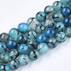 Steel Blue Dyed Natural Dragon Veins Agate Beads Strands, Round, Steel Blue, 8~8.5mm, Hole: 1mm, about 47pcs/strand, 15.5 inch