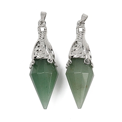 Зеленый Авантюрин Подвески из натурального зеленого авантюрина с ограненными биконусами, с латунной фурнитурой , платина, 50~54x16~17 мм, отверстие : 7x5 мм