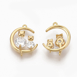 Real 18K Gold Plated Brass Clear Cubic Zirconia Kitten Pendants, Nickel Free, Crescent Moon with Couple Cat Shape, Real 18K Gold Plated, 15.5x12x4mm, Hole: 0.8mm