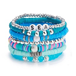 Blue Handmade Polymer Clay Heishi Beads Stretch Bracelets Set, Transparent Glass Round Beads Bracelets, Sea Word Acrylic Beads Bracelets for Women, Blue, Inner Diameter: 2-1/4 inch(5.6cm), 7pcs/set