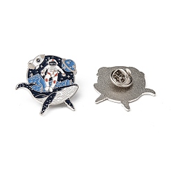 Platinum Creative Zinc Alloy Brooches, Enamel Lapel Pin, with Iron Butterfly Clutches or Rubber Clutches, Whale Shape with Spaceman, Platinum, 30x30mm, pin: 1mm