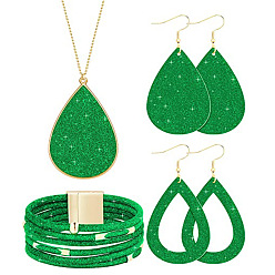 Green Textured Imitation Leather Teardrop Pendant Necklace & Dangle Earrings & Multi-Strand Bracelet, Golden Alloy Jewelry Set for Women, Lime Green, 850mm, 78x37mm, 80x39mm, 192mm In Diameter