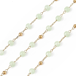 Light Green Dyed Natural Jade Round Beaded Chain, with Golden 304 Stainless Steel Satellite Chains, Unwelded, with Spool, Light Green, 2.5x1x0.3mm, 5x4mm, 3mm, about 32.81 Feet(10m)/Roll