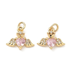 Бледно-Розовый Латунные микро проложить кубического циркония подвески, подвески в виде сердца и крыльев, без свинца и без кадмия, стойки покрытие, долговечный, реальный 18 k позолоченный, розовый жемчуг, 10x12x3 мм, Перейти кольцо: 4x0.8 мм, 2.5 мм внутренним диаметром