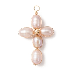 Plum Natural Freshwater Pearl Copper Wire Wrapped Pendants, Cross Charms with Brass Round Beads, Golden, Plum, 36~42.5x20~24.5x7~7.5mm, Hole: 3~3.5mm
