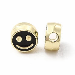 Black Rack Plating Alloy Enamel Beads, Cadmium Free & Nickel Free & Lead Free, Flat Round with Smiling Face Pattern, Light Gold, Black, 7.5x4mm, Hole: 2mm