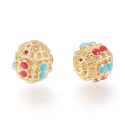 Real 18K Gold Plated Brass Beads, with Enamel, Hollow, Rondelle, Red & Turquoise, Real 18K Gold Plated, 10.3x9.8x8.7mm, Hole: 1.5mm