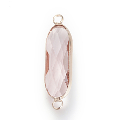Pink Glass Links connectors, with Brass Findings, Faceted, Oval, Pink, 31.5x8.5x4.5mm, Hole: 2.5mm