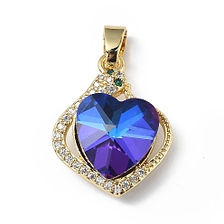 Steel Blue Real 18K Gold Plated Rack Plating Brass Micro Pave Clear Cubic Zirconia Pendants, with Glass, Long-Lasting Plated, Cadmium Free & Lead Free, Heart Charm, Steel Blue, 21.5x17x8mm, Hole: 5x3.2mm